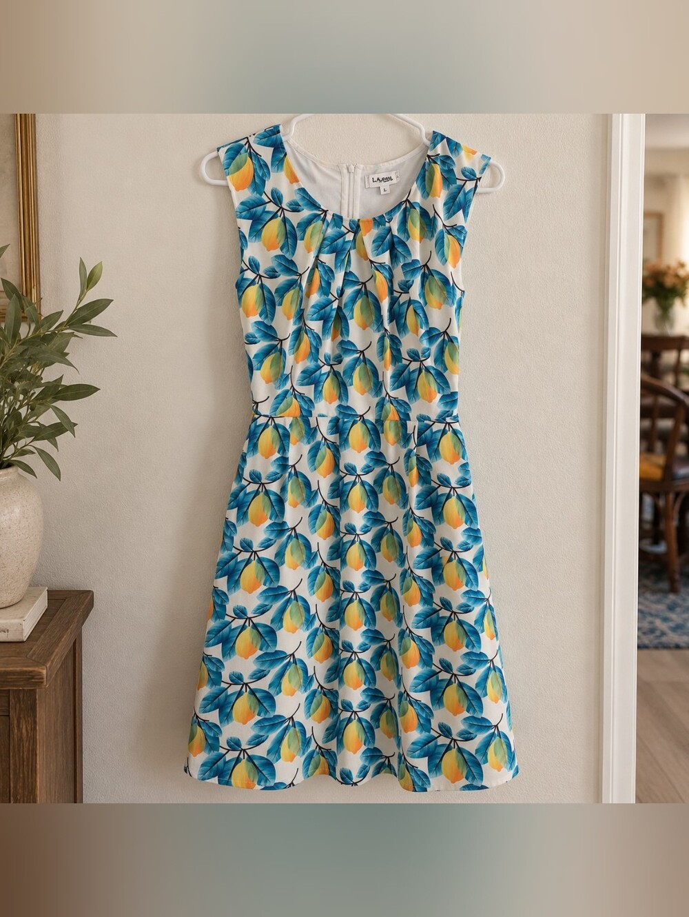 L.A. Soul Lemon Print Sleeveless Fit & Flare Dress Blue Yellow Size L